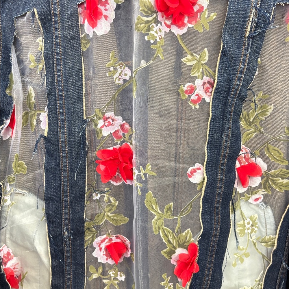 Repurposed Denim Jacket with Red Floral Lace Inset by Jagged Threads - Picture 2 of 5